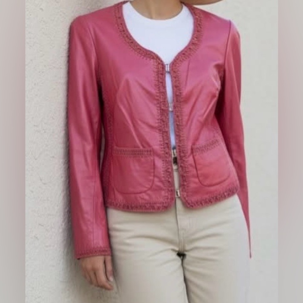 Bianca Nygard Vintage Elegant Pink/Coral Leather Jacket for Women